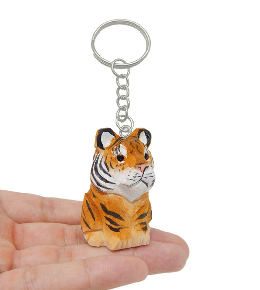 Tiger Keychain Ring Clip Charm Miniature Cat Bengal Striped Wood Mini Figurine Small Animal