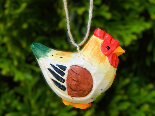 Hand-Carved Wooden Brown Hen Ornament – Rustic Hanging Bird Decor