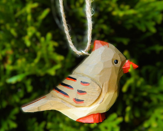 Female Cardinal Wood Ornament Hanging Red Bird Figure Handmade Carved Decoration