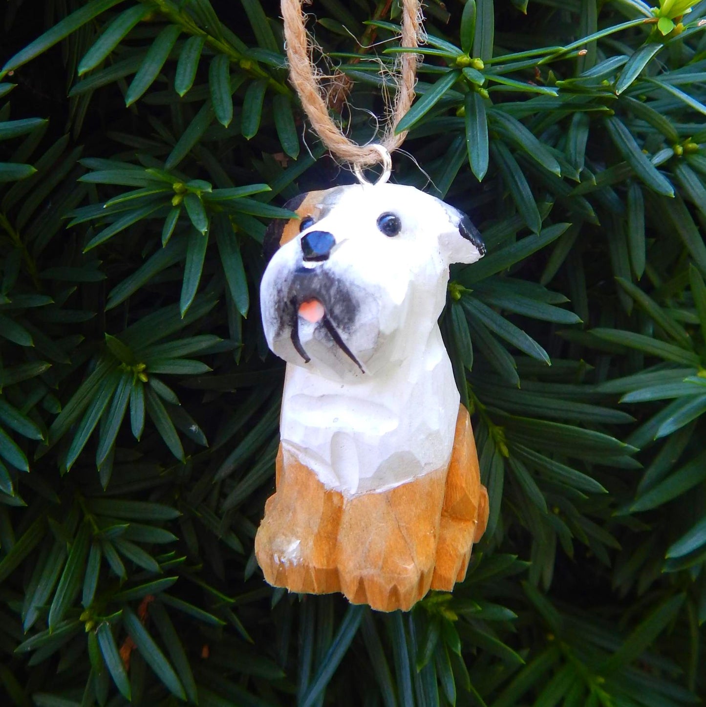 Hand-Carved Wooden Bulldog Ornament – Miniature Pet Holiday Decor