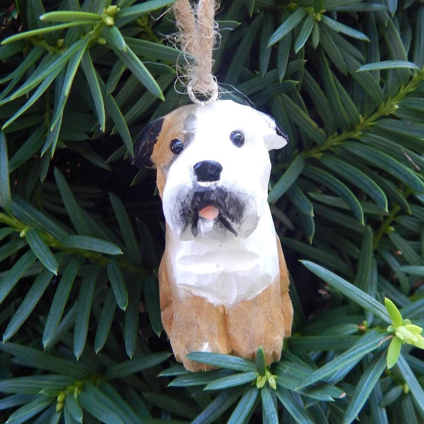 Hand-Carved Wooden Bulldog Ornament – Miniature Pet Holiday Decor