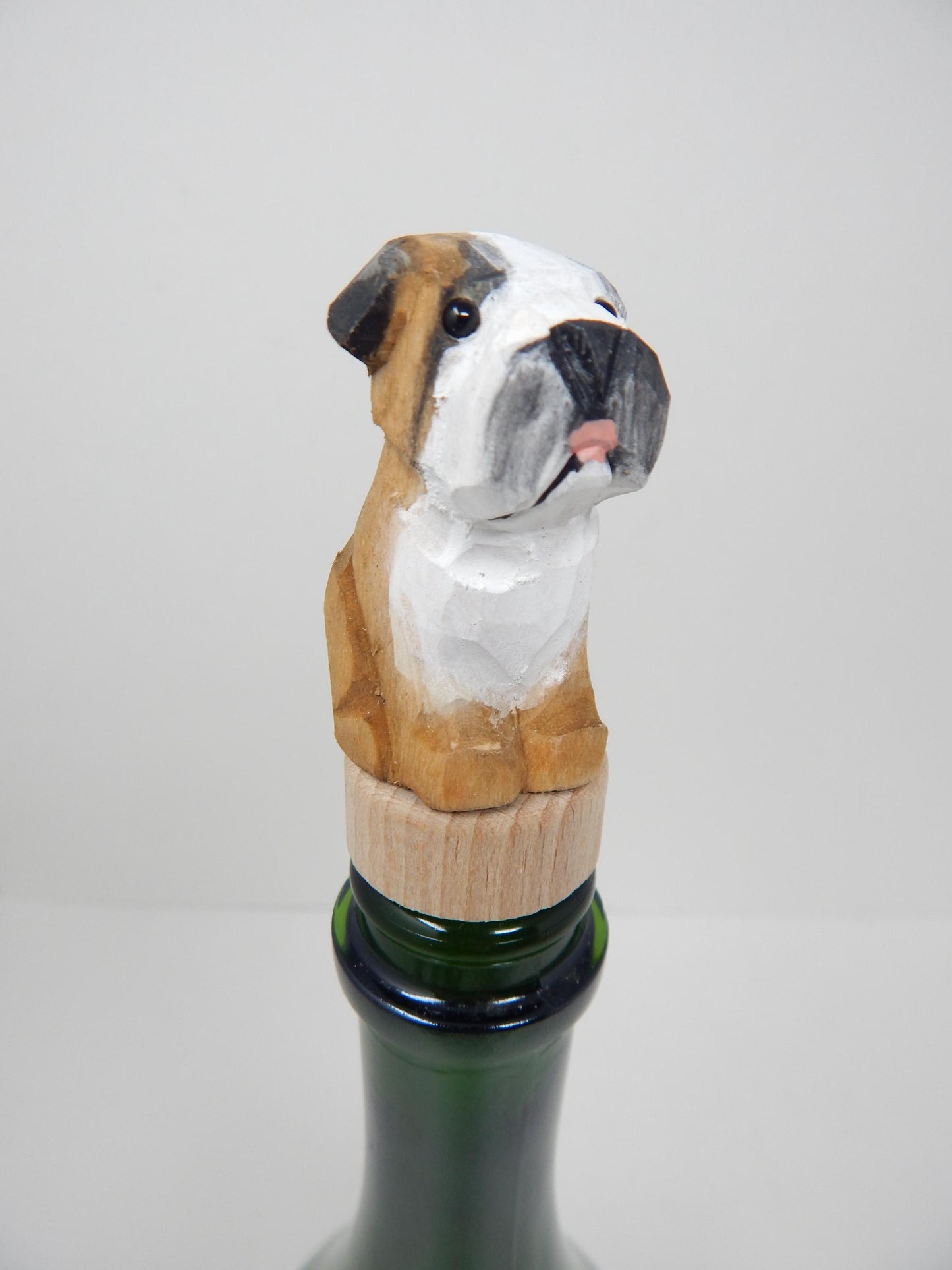 Hand-Carved Wooden Bulldog Wine Stopper – Rustic Bottle Plug